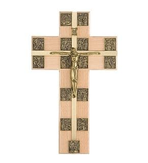 Krížová cesta: v tvare kríža - bledá/zlatá farba, 30 cm