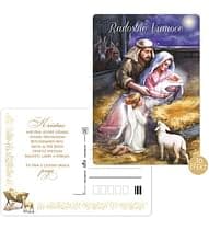 Pohľadnica: Požehnané Vianoce s textom - Svätá rodina a anjelik