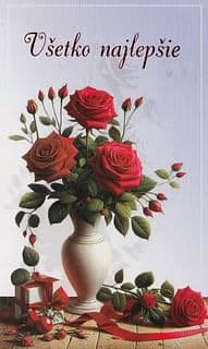Pozdrav: Všetko najlepšie - červené ruže vo váze, s textom