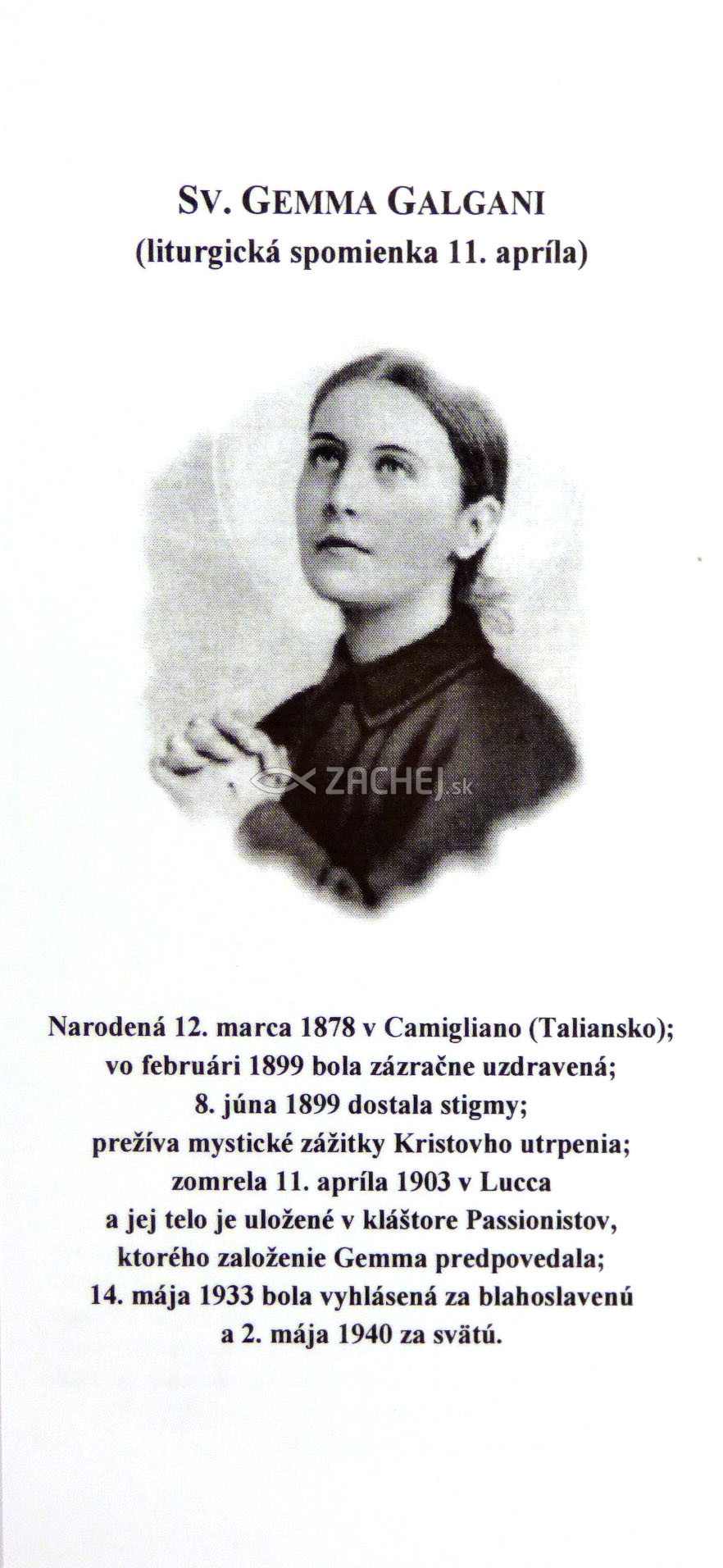 Záložka: Sv. Gemma Galgani + litánie | 0,10 € - obrázok Záložka: Sv. Gemma Galgani + litánie